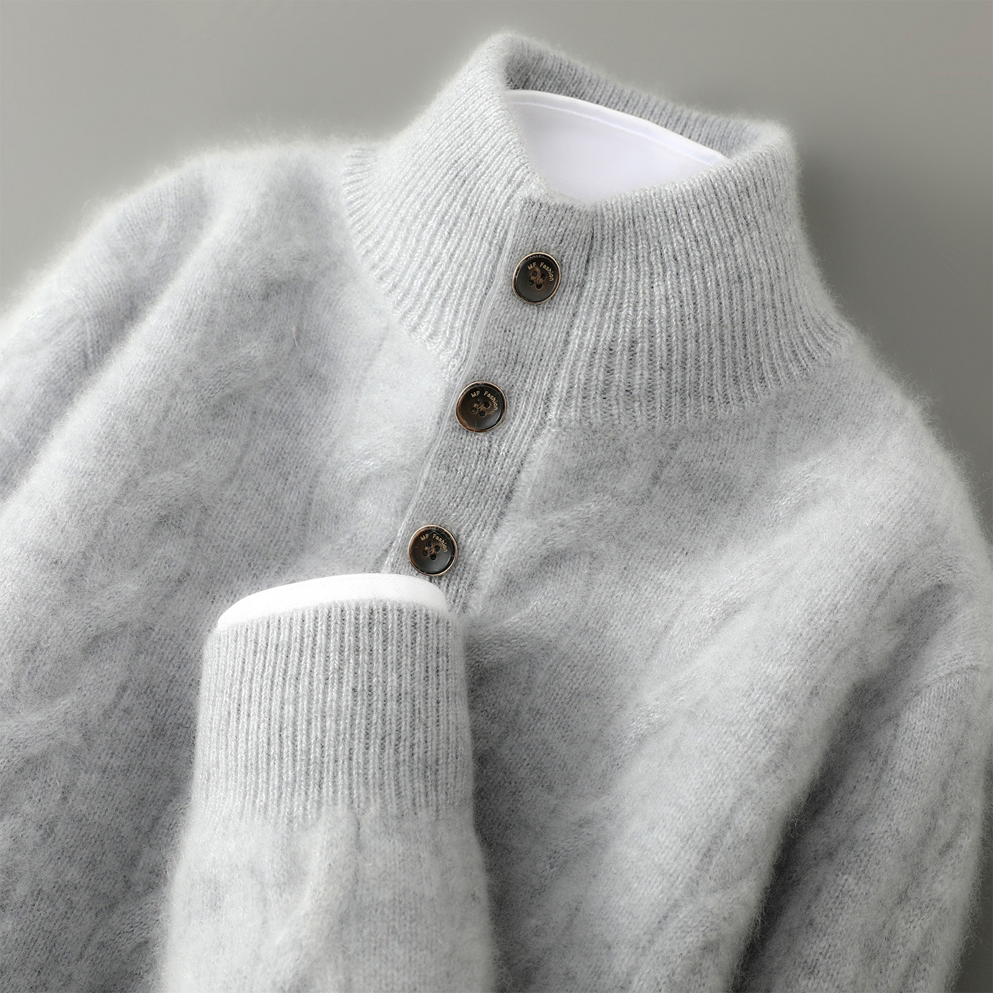 25秋冬加厚半高领100%纯羊毛衫男麻花纽扣针织毛衣宽松羊绒衫打底