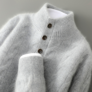 25秋冬加厚半高领100%纯羊毛衫男麻花纽扣针织毛衣宽松羊绒衫打底