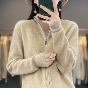 秋冬新款半高领拉链开衫女100%纯羊绒针织外套毛衣宽松慵懒羊毛衫