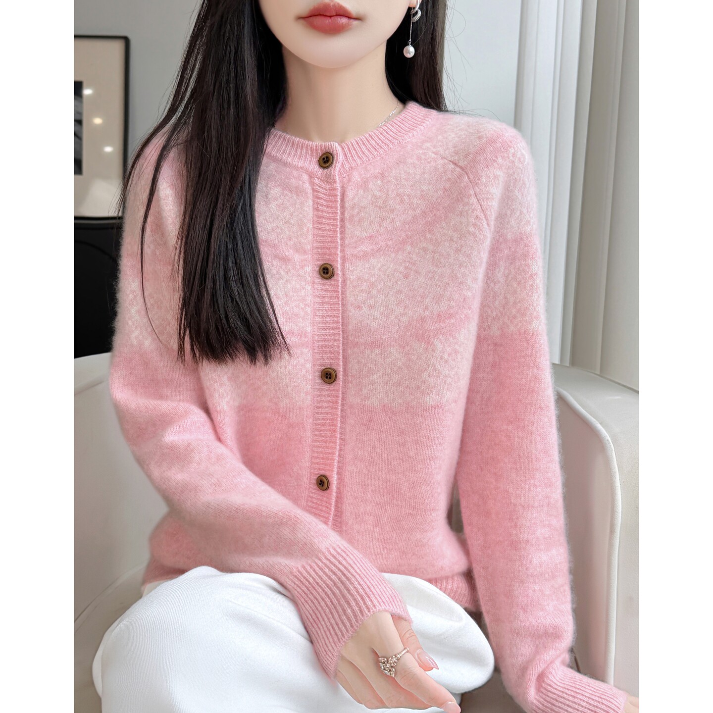 松弛感拼色100%纯羊毛针织开衫女圆领加厚宽松毛衣插肩袖羊绒外套
