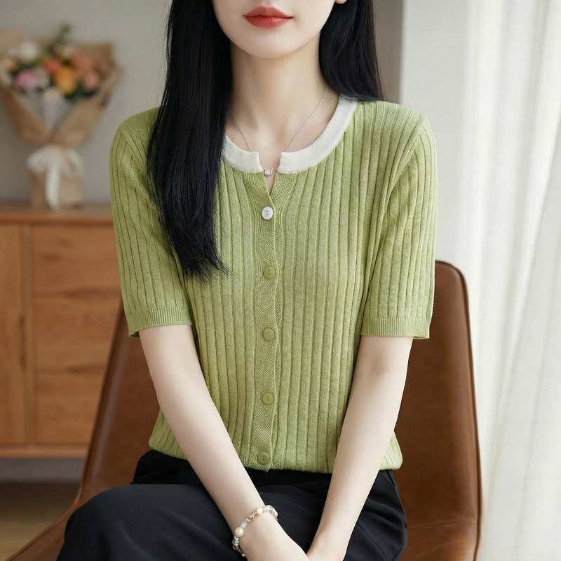 春夏新款精纺羊毛针织短袖开衫女圆领拼色坑条上衣宽松半袖T恤衫