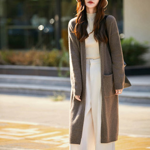 100%纯羊毛开衫女V领中长款针织毛衣外套宽松慵懒羊绒衫过膝外套