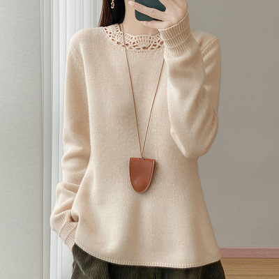 100%纯羊毛衫女半高圆领镂空钩花