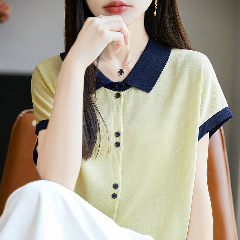 100%莱赛尔天丝针织短袖T恤开衫女POLO领拼色上衣宽松半袖打底衫