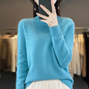 半高领一线成衣100%纯羊绒衫女秋冬宽松羊毛针织毛衣打底镂空上衣