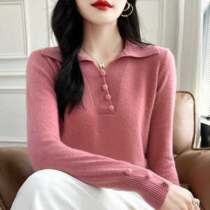 100%纯羊绒衫女POLO领纽扣长袖纯色针织毛衣秋冬款宽松打底羊毛衫