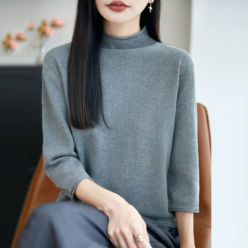 纯棉卷边半高领七分袖女T恤短袖