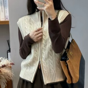 纯羊毛马甲开衫女半高领麻花针织无袖毛衣背心宽松羊绒衫坎肩