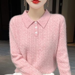 POLO领纯羊毛衫女扭花针织毛衣宽松打底衫长袖加厚羊绒衫上衣内搭