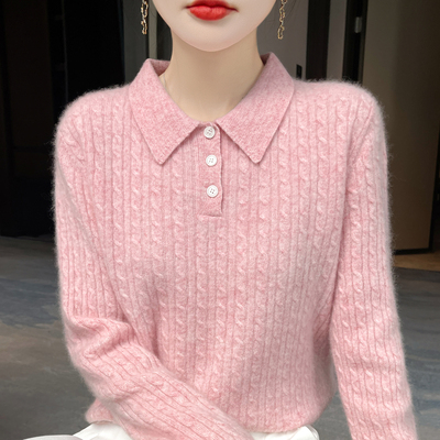 POLO领山羊绒衫女扭花针织衫毛衣