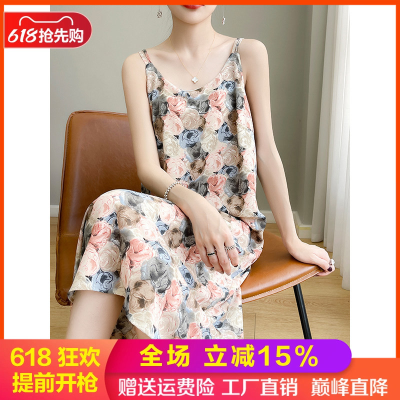 夏季新款V领印花真丝缎面连衣裙