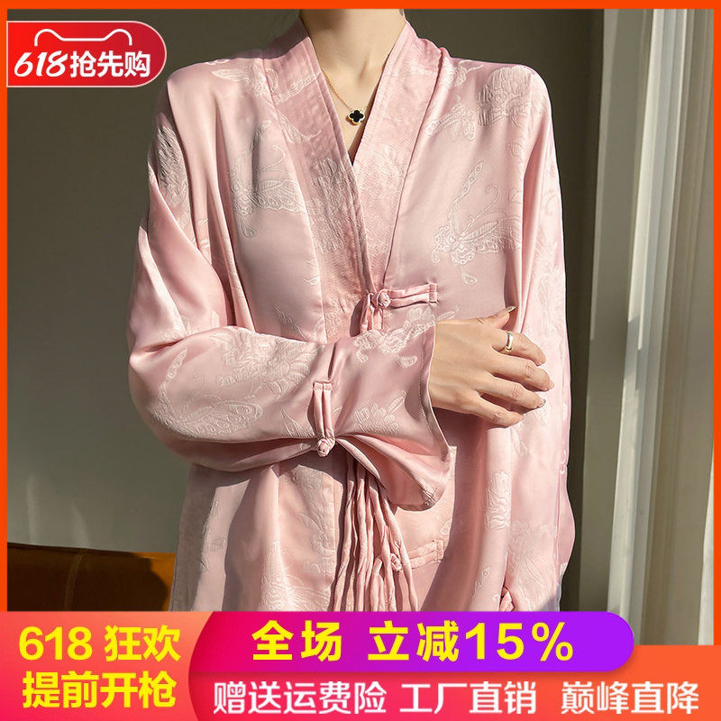 复古新中式V领真丝开衫盘扣上衣