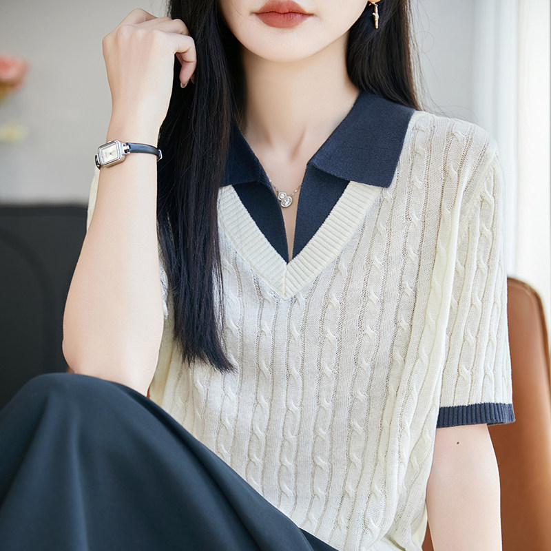 春夏POLO领拼色珍珠麻短袖T恤女麻花针织上衣宽松半袖打底衫上衣