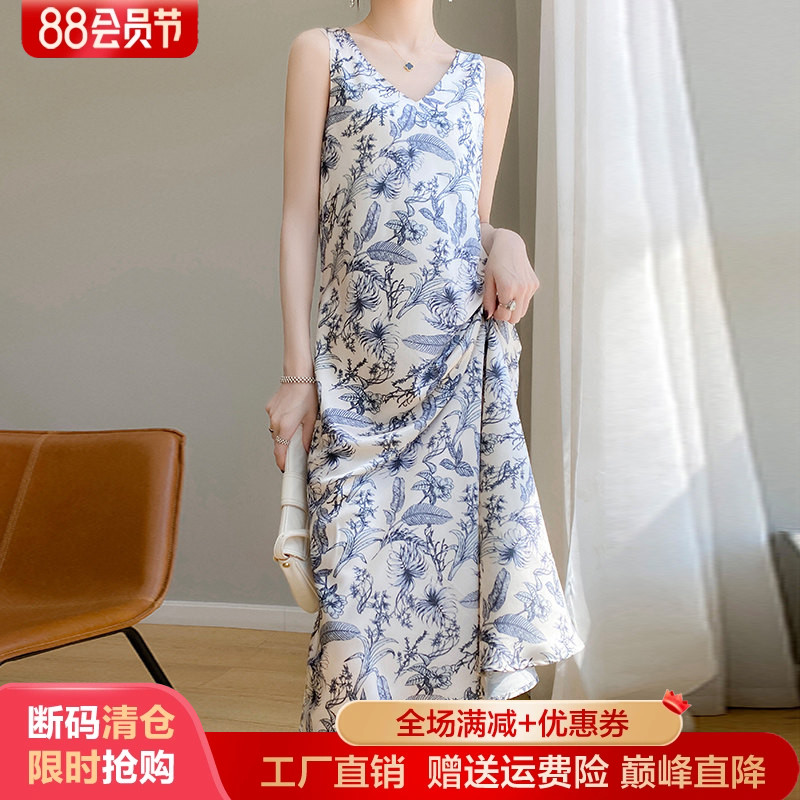 夏季新款V领碎花真丝缎面连衣裙