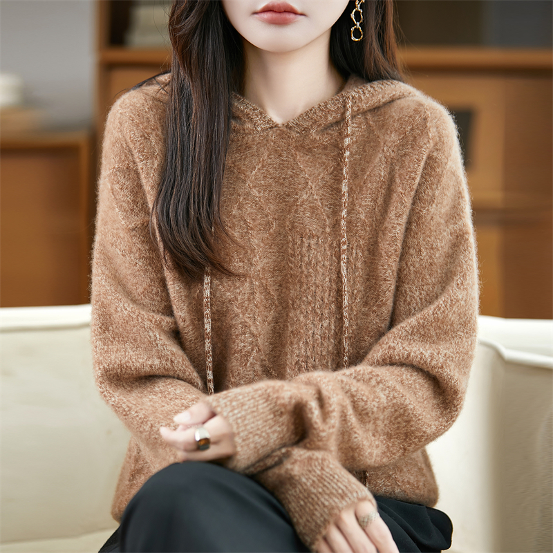 秋冬100%羊毛针织帽衫提花毛衣