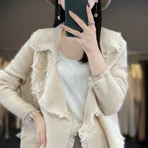 秋冬款100%纯羊绒开衫女西装领流苏毛衣外套宽松慵懒风羊毛衫上衣