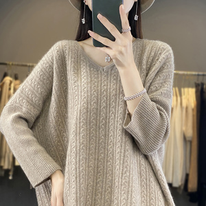 V领麻花100%纯羊绒衫女秋冬新款宽松慵懒针织毛衣开叉羊毛衫上衣