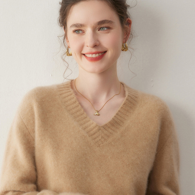 高级感V领纯色山羊绒衫针织毛衣