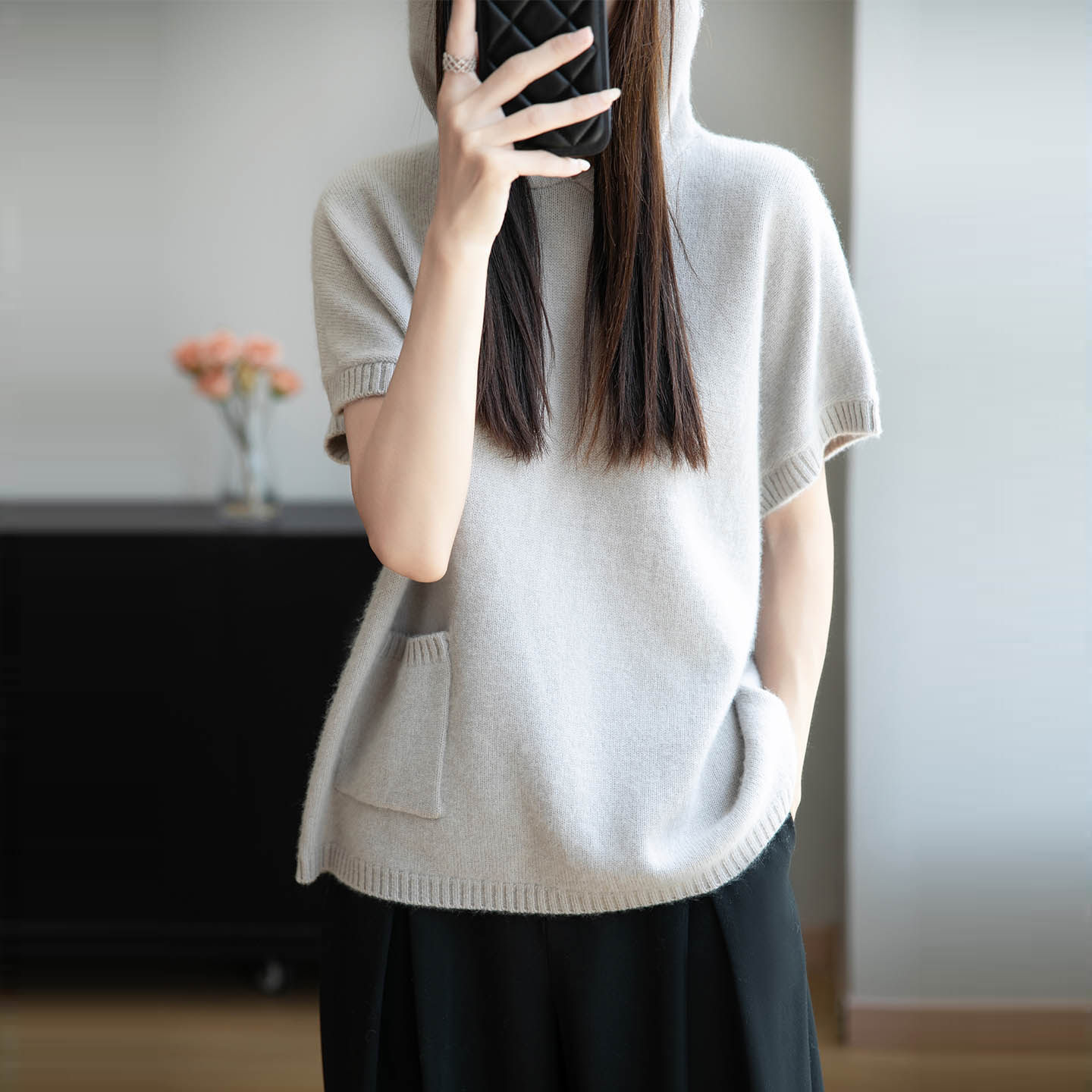 100%纯羊毛衫女连帽马甲针织坎肩