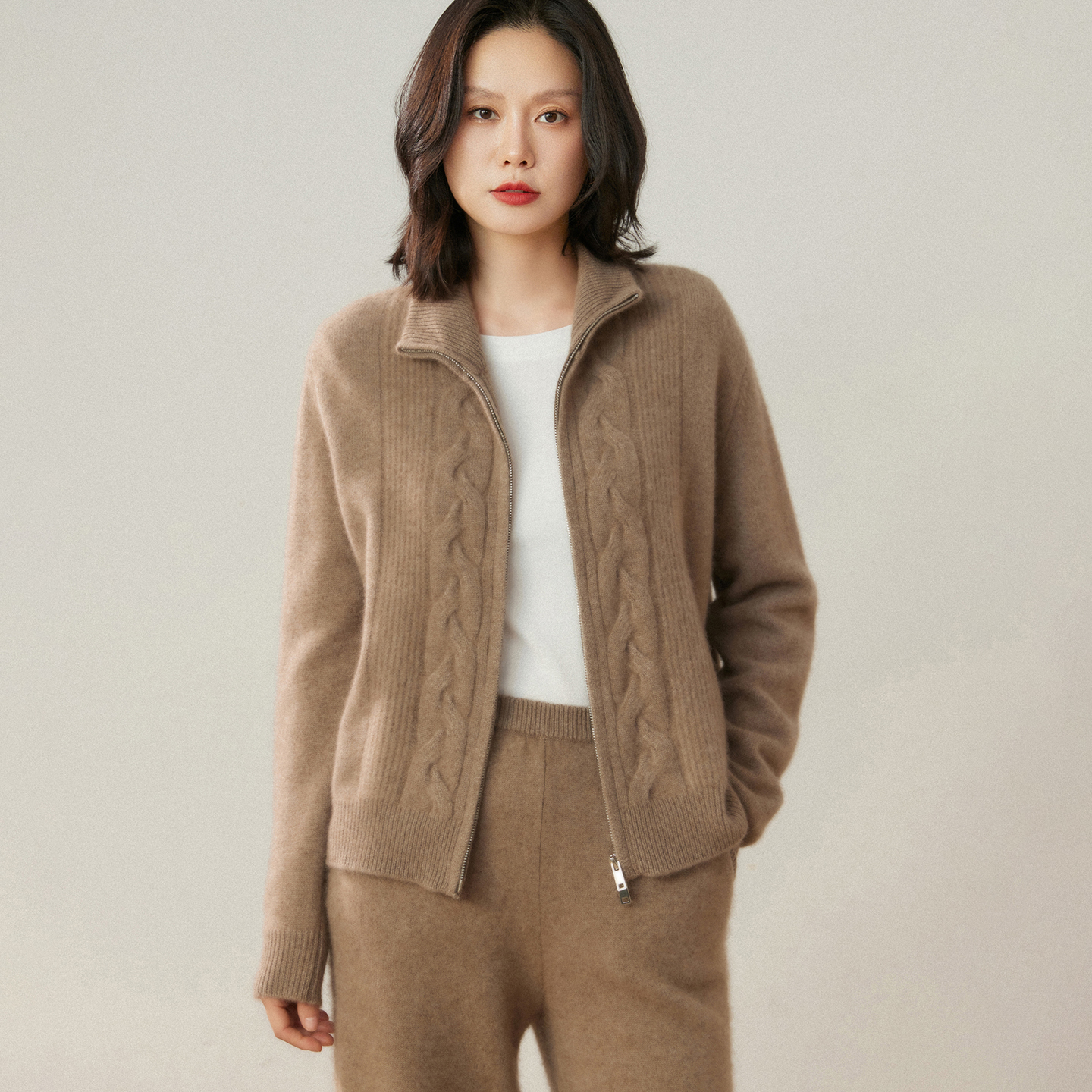 半高领山羊绒开衫女加厚提花外套
