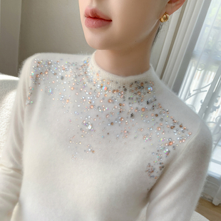 打底 毛衣气质显瘦羊毛衫 轻奢级重工镶钻山羊绒衫 女半高领针织长袖