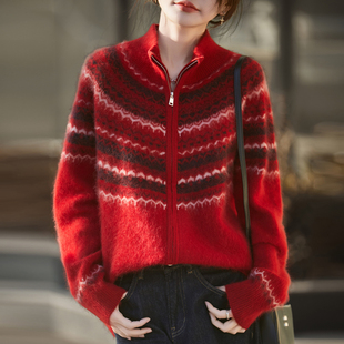 加厚双拉链100%纯羊毛开衫女费尔岛提花拉绒毛衣宽松羊绒针织外套