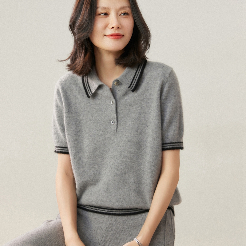 POLO领拼色山羊绒衫针织短袖毛衣