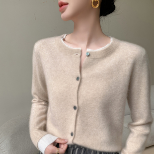 高级感拼色山羊绒开衫女圆领假两件针织毛衣宽松气质羊毛外套上衣