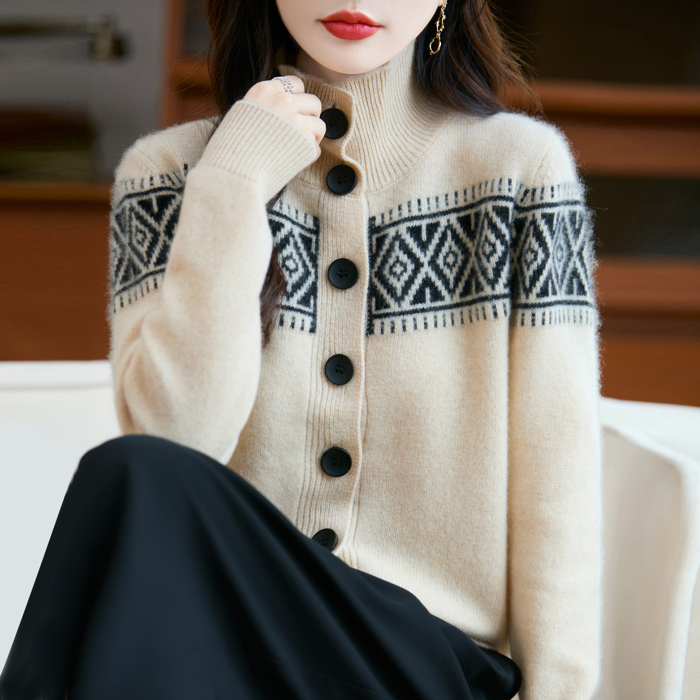 复古拼色宽松慵懒风100%纯羊毛开衫女高领加厚针织毛衣羊绒衫外套