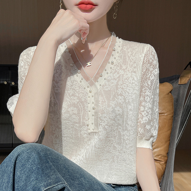 春夏精纺羊毛衫针织短袖女V领蕾丝镂空五分袖宽松钉珠半袖T恤打底