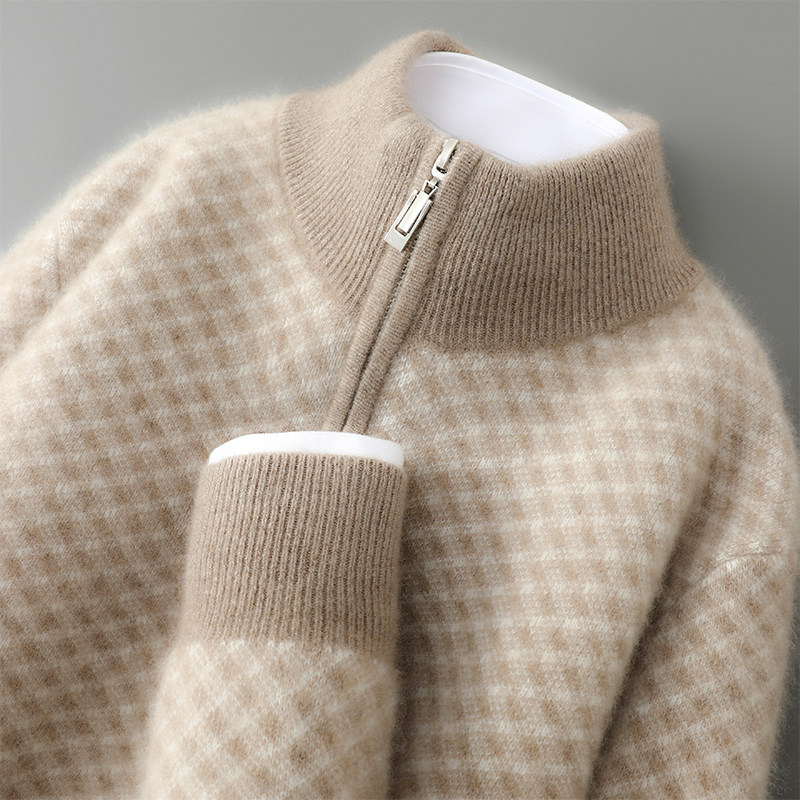 半高领拉链加厚100%纯羊毛衫男拼色长袖针织毛衣宽松羊绒打底上衣