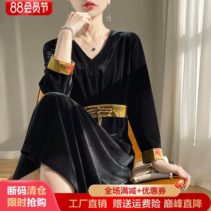 春秋新款V领中长款金丝绒连衣裙