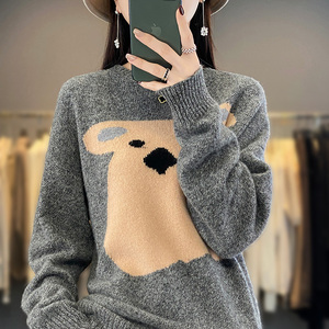 100%纯羊绒衫女圆领卡通拼色皮卡丘针织毛衣秋冬宽松羊毛打底上衣