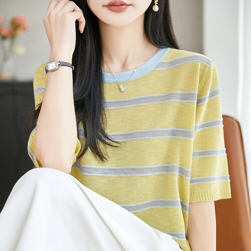 竹节麻拼色条纹短袖T恤女打底衫