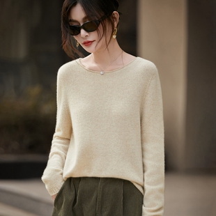 打底 毛衣宽松无缝羊绒衫 100%纯羊毛衫 女一线成衣卷边圆领针织长袖