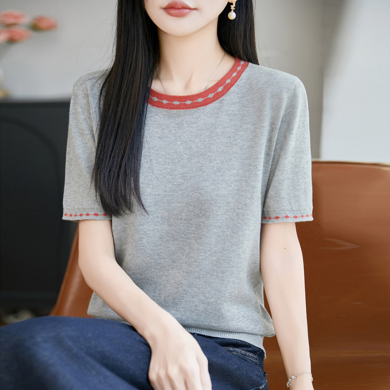 夏季纯棉拼色针织短袖T恤打底衫
