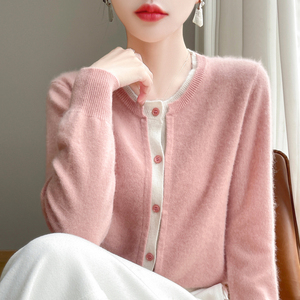 100%纯羊绒假两件开衫女拼色圆领长袖羊毛衫外套宽松甜美外搭毛衣