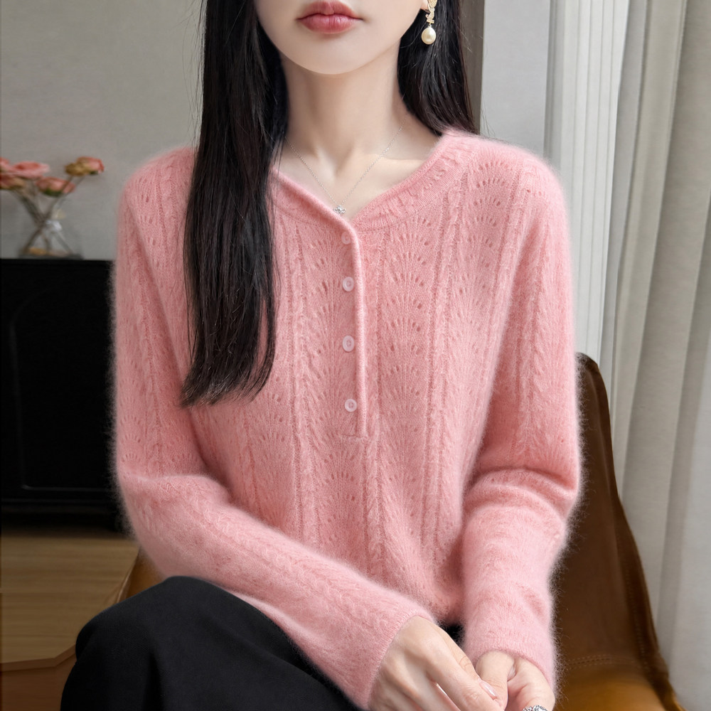 秋冬半开V领绞花精纺羊毛衫针织毛衣女镂空提花长袖宽松打底上衣