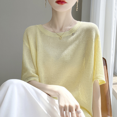 高级天丝亚麻针织五分袖T恤打底