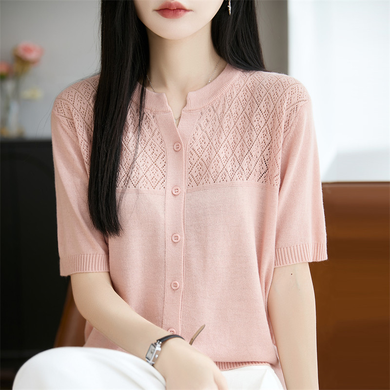 夏季精纺羊毛镂空短袖开衫女打底