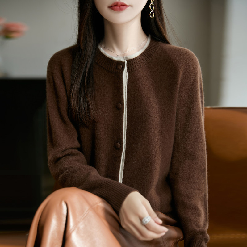 圆领拼色假两件100%纯羊毛开衫女撞色长袖针织毛衣宽松外套羊绒衫,女装/女士精品,毛针织衫,淘宝优惠券,粉丝福利购,淘宝优惠卷