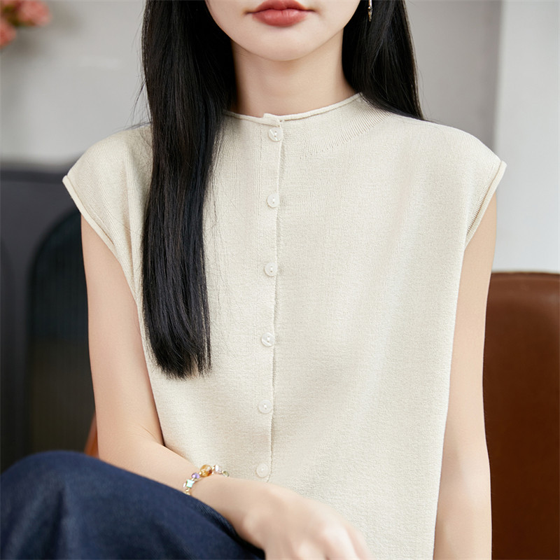 夏季卷边圆领纯色针织马甲女打底