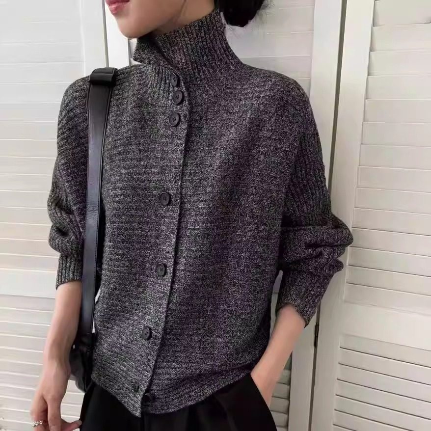 100%纯羊毛高领纽扣宽松开衫外套