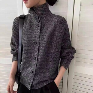 松弛感100%纯羊毛开衫女高领纽扣花纱针织毛衫衣宽松外套羊绒上衣