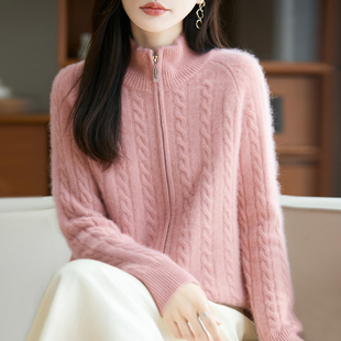 100%纯羊毛开衫女半高领加厚双拉链针织毛衣宽松麻花羊绒外套上衣