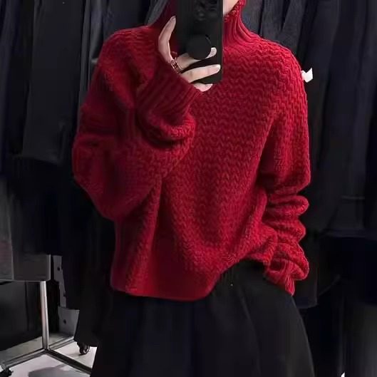 秋冬季加厚100%纯羊毛衫女高领提花针织毛衣宽松慵懒风打底羊绒衫