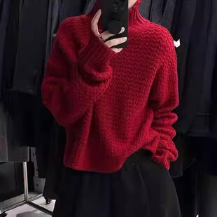 秋冬季加厚100%纯羊毛衫女高领提花针织毛衣宽松慵懒风打底羊绒衫