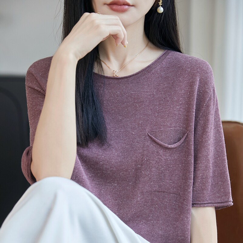 天丝亚麻卷边圆领宽松短袖T恤