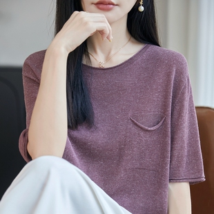 卷边圆领天丝亚麻针织短袖女花纱半袖T恤宽松带兜五分袖背心打底