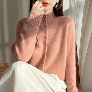 慵懒松弛感100%纯羊毛开衫女半高领镂空钩花针织毛衣宽松羊绒外套